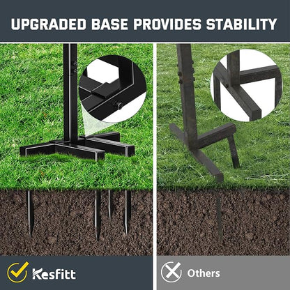 Kesfitt Garden Hose Holder Stand with Tool Storage Basket & 4 Spikes, Detachable Heavy Duty Metal Freestanding Outdoor Organizer for Lawn Yard Water Storage Rack
