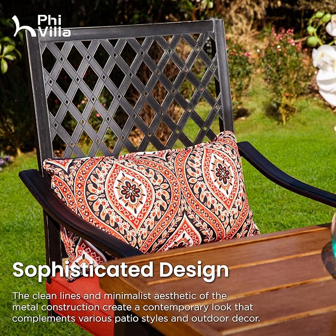 PHI VILLA Patio Bar set for 4,Outdoor Swivel Bar Chairs with Red Cushion and High Metal Bar Table,Sturdy and Strong Frame and Metal Table Top (No Umbrella Hole), High Patio Table and Chairs for Garden