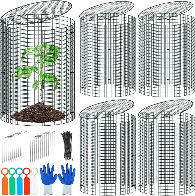 5 Pack Wire Plant Protector with Cover, 16"x12" Detachable Metal Plant Protectors Mesh, Garden Plant Protectors for Shrubs Flowers Vegetables to Keep Rabbit & Chicken Animals Out