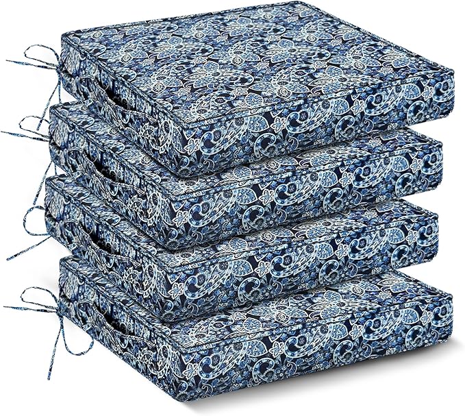 Outdoor Chair Cushions Set of 4,Waterproof Outdoor Seat Cushions for Patio Furniture,Patio Chair Cushion with Handle and Ties, Out Door Chair Pads,18.5" x 16" x 3", Green Paisley