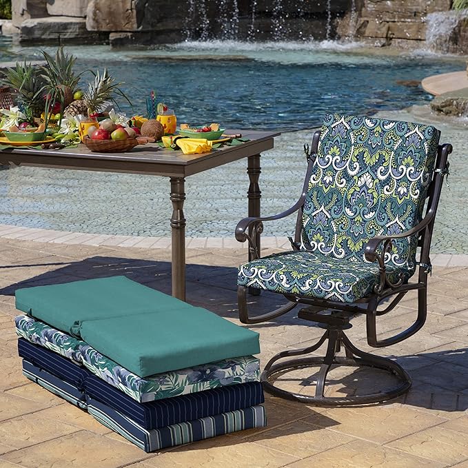 Arden Outdoor Patio Dining Chair Cushion, 20x44, Rain-Proof Seat Pad, Fade-Resistant Outdoor Cushion Sapphire Aurora Blue Damask