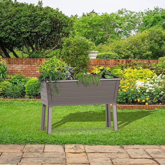 Vixzen Double Raised Garden Bed with Drain Hole and Water Level Detector,Durable Resin Planter Box,Separate Water and Soil Storage Areas,for Garden, Patio, Balcony (Grey, 44.33 * 29.92 * 19.69)