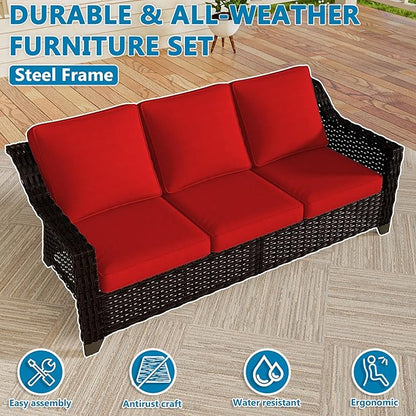 VistaVibe 78" Patio Wicker 3-seat Sofa, Deep Seat & Upholstered Loveseat, Outdoor All-Weather Rattan Couch with Removable Cushions, Steel Frame Couch for Garden, Poolside (Brown/Red)