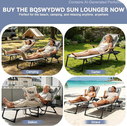 Beach Lounge Chairs with Armrests, 4-Position Folding Lounge Chairs for Outside, Sunbathing Portable Lounge Chaise, Tanning Chair Pillow & Cup Holder, for Outside Beach Pool (Grey)