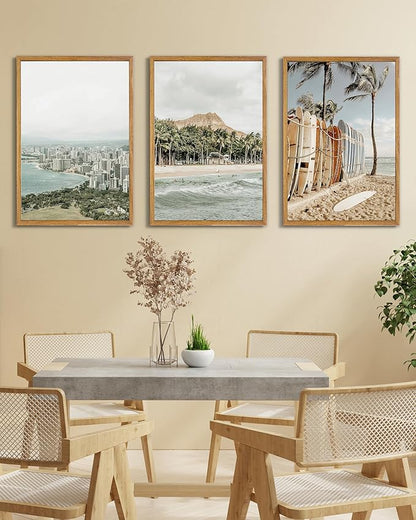 UPWOIGH Large Framed Canvas Wall Art, Set of 3 Hawaiian Surf Decor, Island Beach Photography Prints, 16x24 in Natural Cotton, Minimalist Coastal Travel Art for Living Room, Dining Room, Office, Gifts