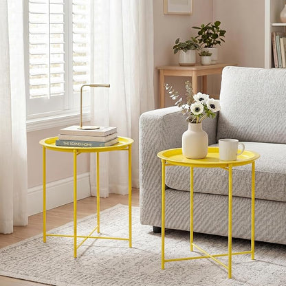 VECELO Side/End Table, Folding Round Metal Anti-Rust and Waterproof Outdoor or Indoor Tray for Living Room Bedroom Balcony and Office, 2 PCS, Yellow