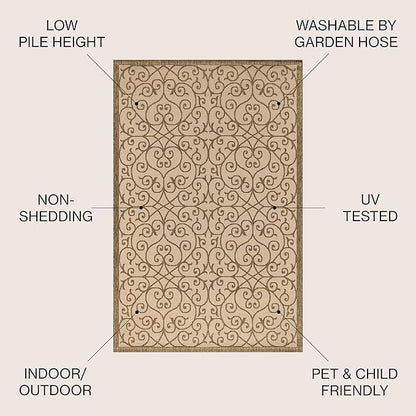 JONATHAN Y Vintage Filigree Indoor Outdoor Round Area Rug 5 Ft Beige/Brown, Madrid Textured Weave for Backyard, Patio, Porch, Easy-Cleaning, High Traffic, Pet-Friendly, Non-Shedding (SMB107B-5R)