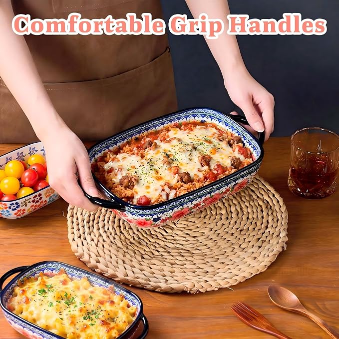 Ceramic Casserole Dishes for Oven, Hand-painted Polish Pottery Baking Dish Set of 2, 0.8QT / 2QT Porcelain Casserole Dishes with Handles, Baking Pan Lasagna Pan, Gift for Family/Friend (Red)