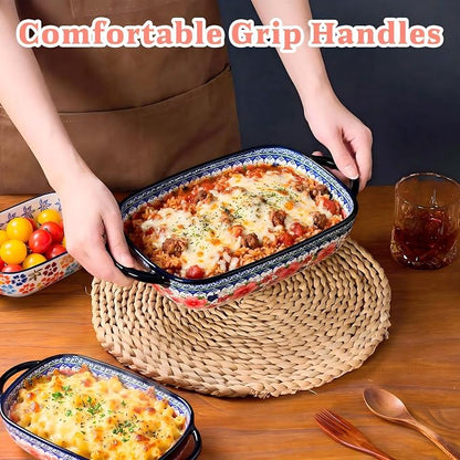 Ceramic Casserole Dishes for Oven, Hand-painted Polish Pottery Baking Dish Set of 2, 0.8QT / 2QT Porcelain Casserole Dishes with Handles, Baking Pan Lasagna Pan, Gift for Family/Friend (Red)