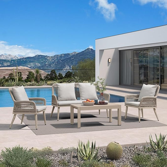 PURPLE LEAF 4-Piece Patio Conversation Set – Wicker Outdoor Furniture with Aluminum Table, 3 Rattan Chairs for 4 People, Thick Sofa Cushions, Ideal for Garden, Backyard, Lawn, or Poolside, Champagne