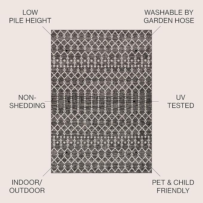 JONATHAN Y Moroccan Geometric Indoor Outdoor Round Area Rug 4 Ft Black/Gray, Ourika Textured Weave for Backyard, Patio, Porch, Easy-Cleaning, High Traffic, Pet-Friendly, Non-Shedding (SMB108F-4R)