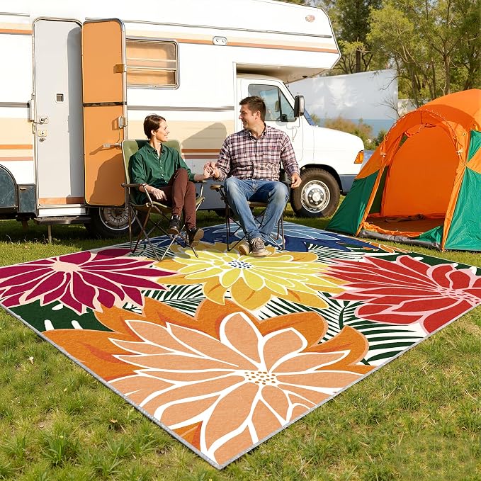 ZonLi Colorful Outdoor Rug 8x10Ft Waterproof Multicolored Indoor Area Rug Washable Outdoor Patio Rugs Tropical Floral Non Slip Outdoor Carpet for Living Room, Pool,Backyard,Deck,Camping