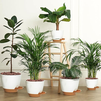 5-Pack Plant Pots with Drainage 7/6.5/6/5.5/5 Inch Self Watering Pots for Indoor Outdoor Plants, Plastic Flower Pots with Drainage Holes and Removable Saucers, Plant Pots with Wicking Rope (White)