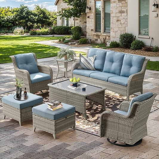 Wicker Patio Furniture-7 Pieces Rattan Patio Furniture Set Outdoor Patio Couch with Swivel Patio Chairs Ottomans and Coffee Table for Deck Poolside Backyard-Light Grey/Light Blue