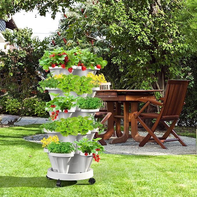 7 Tiered Strawberry Vertical Planter 2 Pack, Stackable Tower Garden Planter Herb Garden Planter with Movable Casters and Bottom Saucer Indoor and Outdoor - White