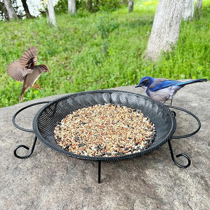 CQAIRIOU Upgraded Ground Platform Bird Feeder Tray,11.8” Stainless Steel Large Bird Feeder Mesh Seed Tray with A Exquisite Tray Station,Attract Wild Birds,Great Decoration for Garden Backyard