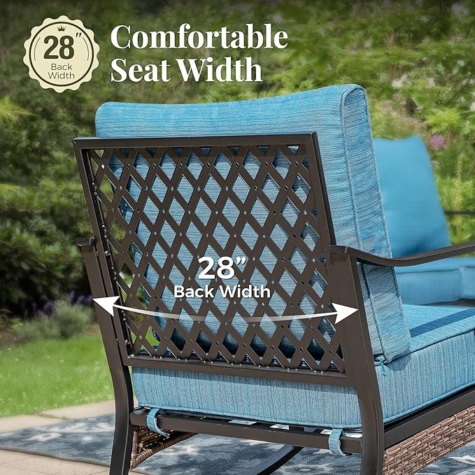 Patio Furniture Set with Firepit Table, Black Frame Outdoor Conversation Set with 2 x Rocking Chairs, 1 x 3-Seat Sofa for Lawn Garden Backyard, Pacific Blue