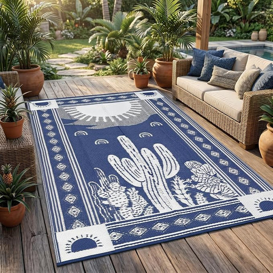 Garvee Waterproof Outdoor Rug 5x8, Cactus Botanical Outdoor Plastic Straw Rug for Camping, Reversible RV Mat Outside, Indoor Outdoor Carpet for Porch, Deck, Backyard, Balcony, Picnic, Navy & White