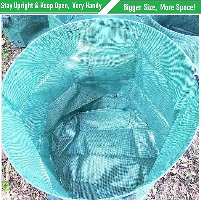 Professional 3-Pack 63 Gallon Lawn Garden Bags Large (D31,H19 inch) Yard Waste Bags W/Gardening Gloves,Standable,Reusable Leaf Bag,Lawn Debris Bin,Garden Trash Container,Plant Trimmings Bag 4 Handles