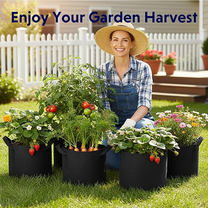 iPower 5-Pack 10 Gallon Plant Grow Bags Thickened Nonwoven Aeration Fabric Pots Heavy Duty Durable Container, Strap Handles for Garden, Black New
