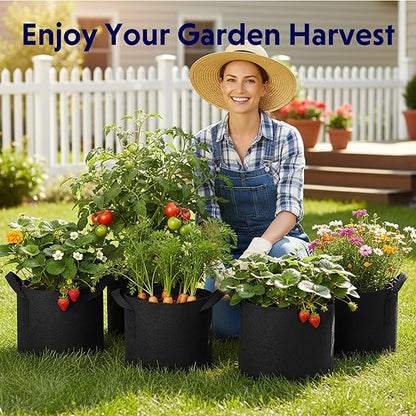 iPower 5-Pack 10 Gallon Plant Grow Bags Thickened Nonwoven Aeration Fabric Pots Heavy Duty Durable Container, Strap Handles for Garden, Black New