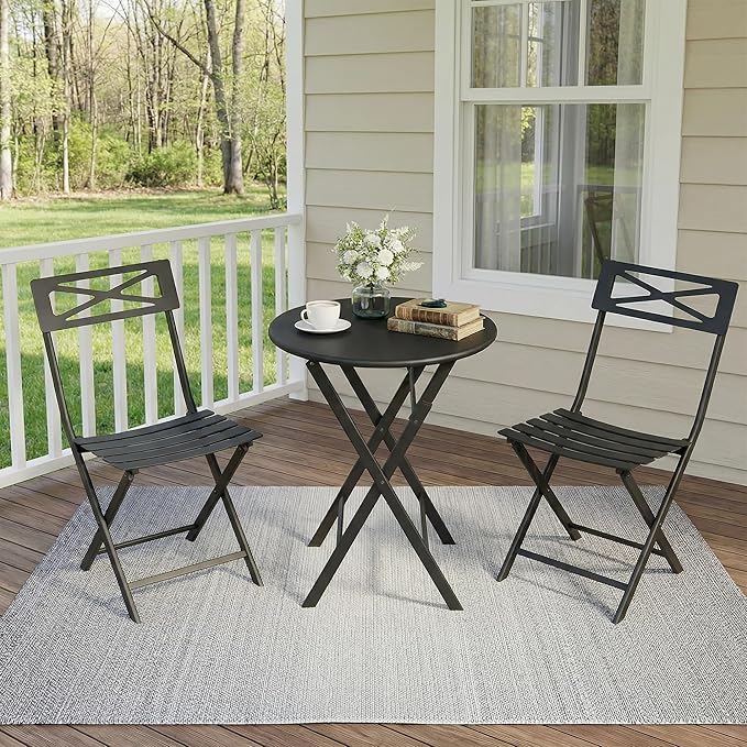 Outdoor Round Bistro Set 3 Piece, Black Iron Patio Furniture Set with Round Table & 2 Chairs, Foldable Steel Backyard Deck Porch Garden Furniture, Space Saving Outdoor Dining Set for Small Spaces