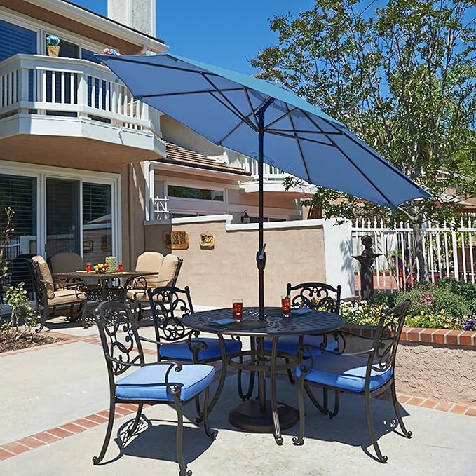 California Umbrella 7.5' Round Aluminum Outdoor Deck, Pool or Patio Umbrella, Crank Lift, Auto Tilt, Bronze Pole, Frost Blue