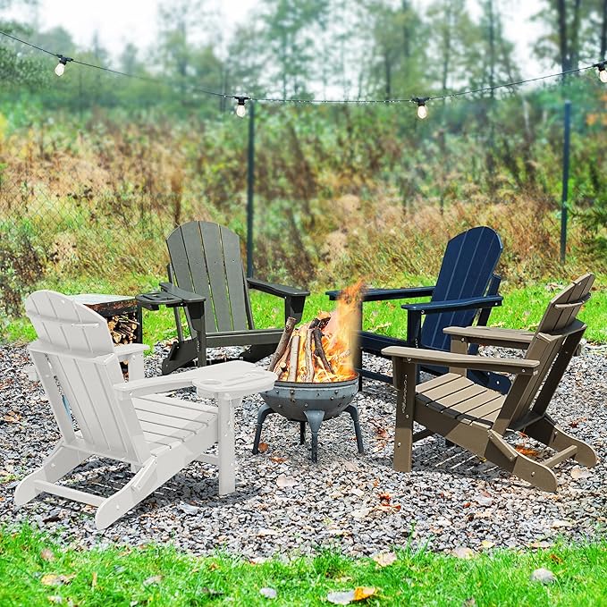 Adirondack Chair, HDPE Folding Adirondack Chair with Multifunctional Cup Holder, Weather Resistant Fire Pit Chair for porches, patios, patios, poolsides, Decks.