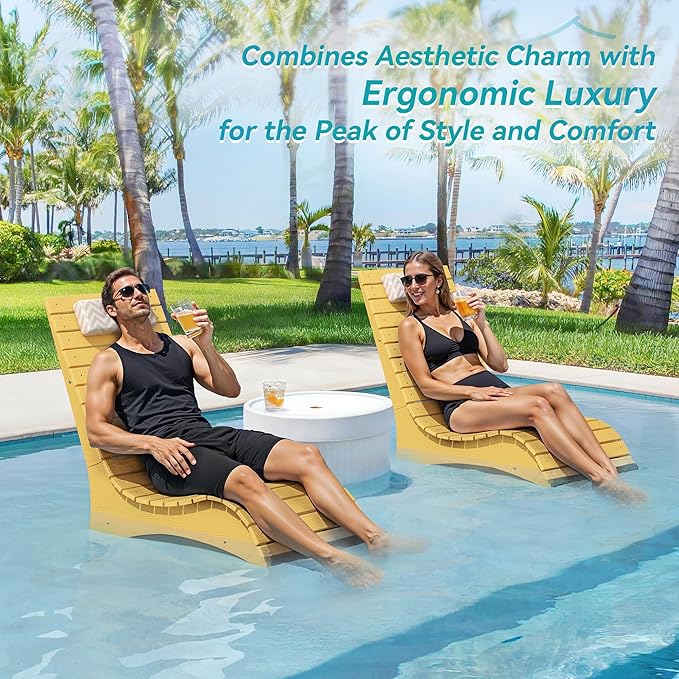 LUE BONA HDPS Pool Chairs Set of 2, Fade-Resistant Use in Pools Up to 10-Inches Deep Pools Lounge Chair for Sun Shelf, Chaise Lounger with Headrest for Outside Pool Deck