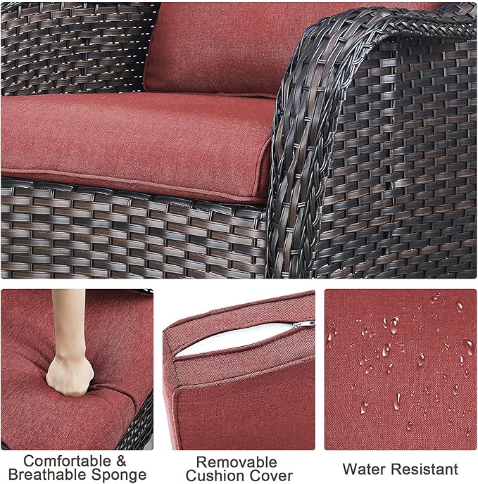 HUMMUH 6 Pieces Patio Furniture Set with Fire Pit Table High Back Outdoor Conversation Set Wicker Patio Couch Outdoor Chairs Ottomans for Balcony Garden,Lawn,Deck