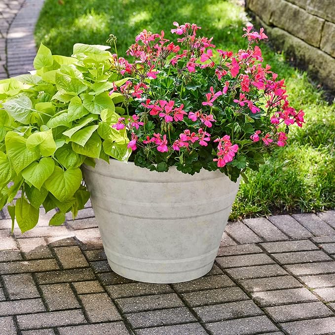 Large Recycled Resin Planter Pot, 21.8" x 21.8" x 16.5", Durable Outdoor Garden Flower Pot, Weather-Resistant Plant Container