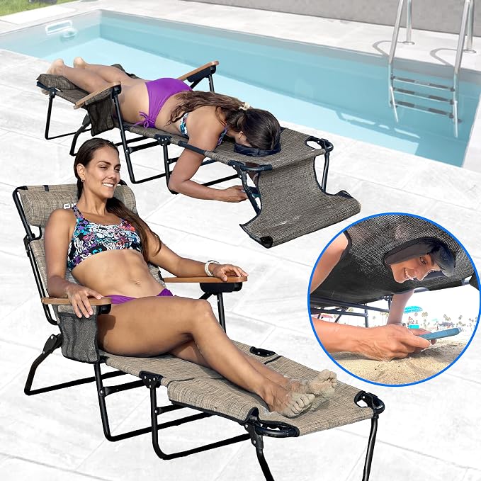 EASYGO PRODUCTS FLIP Face Down Tanning Chaise Lounge Chair with Face & Arm Holes - 4 Legs Support - Textilene Material - 6 Position - Arm Head Rest Pillow - Beach or Home Use