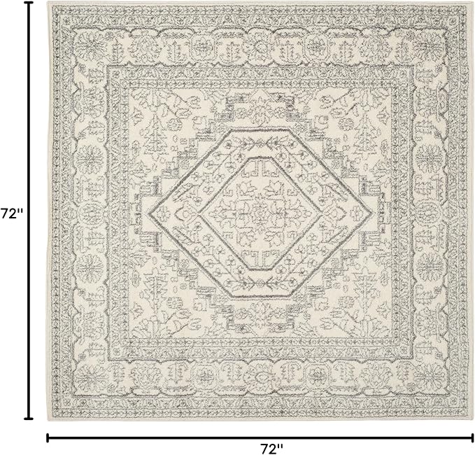 SAFAVIEH Adirondack Collection Area Rug - 6' Square, Ivory & Silver, Oriental Medallion Design, Non-Shedding & Easy Care, Ideal for High Traffic Areas in Living Room, Bedroom (ADR108B)