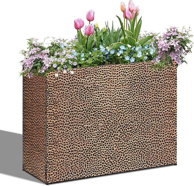 Tall Planters for Outdoor Plants - Hand-Hammered Metal Large Rectangular Block Planter Box with Drainage Holes, Modern Planters Indoor Outdoor Flower Plant Pots Patio Yard Front Porch Deck,32x12x24"
