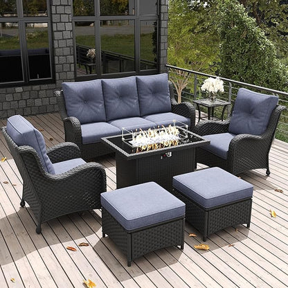 LayinSun 7 Pieces Outdoor Patio Furniture Set with Fire Pit Table, Rattan Wicker Sectional Chairs Sets with Ottomans, Single Chairs and Coffee Table