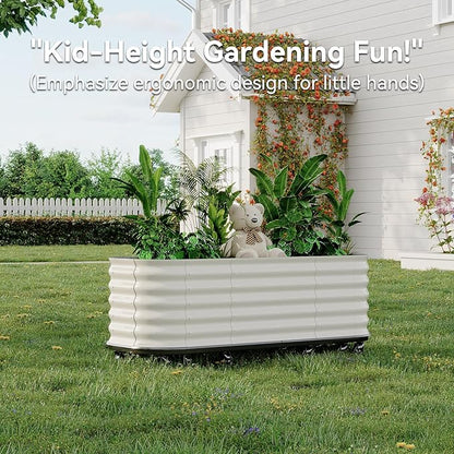GarveeHome Self-Watering Wheeled Metal Garden Bed – Mobile Raised Planter Box with Water, Galvanized Steel Indoor/Outdoor Rolling Grow Station for Herbs, Veggies & Decor (94.5"x23.6"x19.7"),White