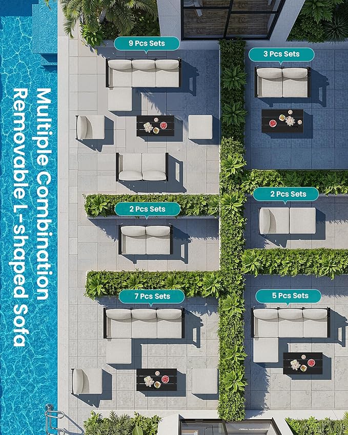 SERWALL 3 Pieces Patio Conversation Set, All-Weather HDPE Outdoor Sofas with Cushions and Coffee Table, Modular Sectional Furniture for Deck, Garden, Backyard, Black Frame with Khaki Cushion