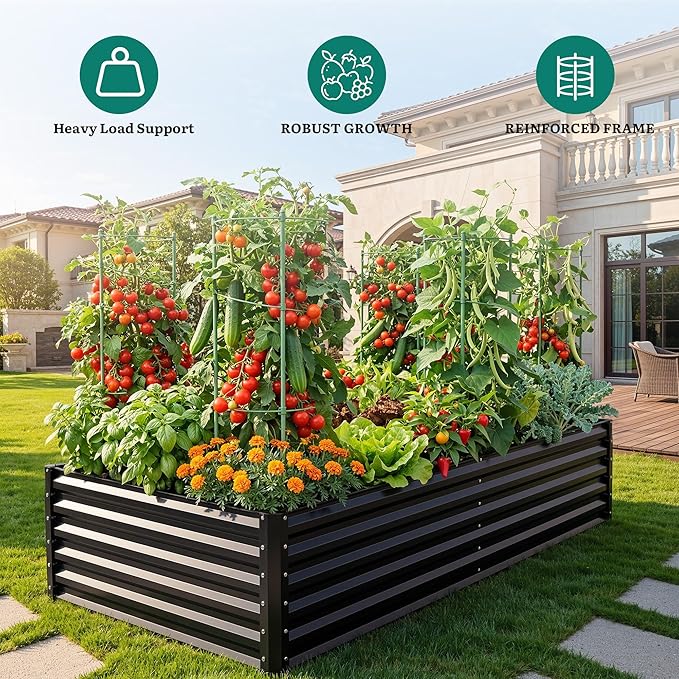 YITAHOME 2pcs 8x4x2ft Galvanized Raised Garden Bed with Tomato Cages, Galvanized Planter Box with Tomato Trellis, Gloves, Support Rod, Outdoor Flower Bed for Climbing Plants, Vegetables, Flower, Black