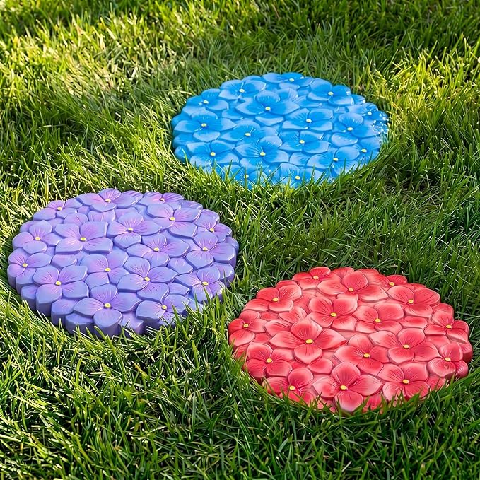 Cinnvoice 3 Pack Garden Stepping Stone Outdoor, Decorative Dimensional Resin Stepping Stones for Patio Pathway Landscaping Walkway Sculpture Yard Backyard Lawn(Hydrangea,10 Inches)