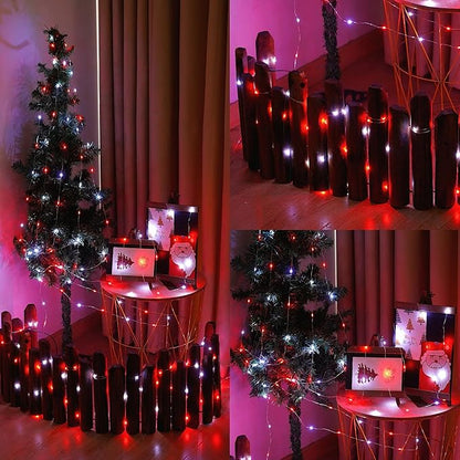 YEGUO 4 Pack Red and White Solar Fairy Lights, Each 33ft 100 LED Christmas Lights Outdoor Waterproof, 8 Modes Sliver Wire Solar String Lights