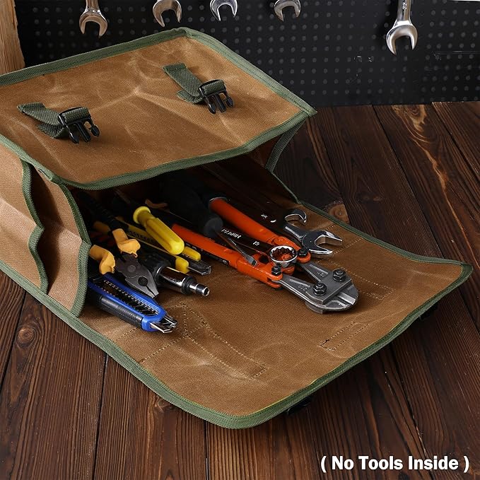 Tool Bag, Heavy Duty 16oz Waxed Canvas Tool Carrier, Multi-Purpose Tote Bag with 1 Large Capacity & 2 Side Pockets, Portable Tool Storage for Wrenches Chisels Scissors Hammer - Khaki