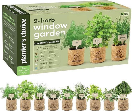 Planters' Choice 9 Herb Indoor Window Garden Kit - Birthday Gifts - House Plants Seeds - Best Unique Gift Ideas for Women, Mom, Friend, Her, Housewarming, Mother - Live Plant Starter, Gardening Lovers