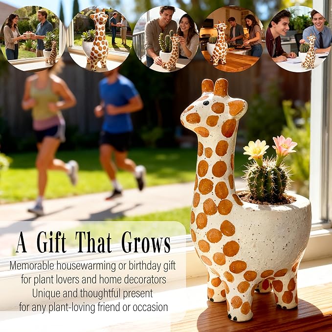 Large 9.65‘‘ Ceramic Giraffe Planter Pot-Animal Shaped Flower Pot Planter for Indoor/Outdoor Succulent/Cactus/Bonsai-Garden Office Home Decor for Living Room,Kitchen Desk-Plant Lovers Gift