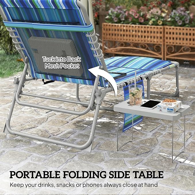 Outsunny Tanning Chair with Face Hole, Side Table, 5-Position Reclining Folding Chaise Lounge Chair Outdoor Lounger Recliner, Carry Straps for Beach Pool Camp, Oxford Fabric, Blue Stripe