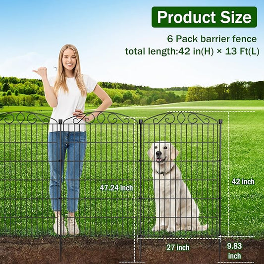 Decorative Garden Fence 6 Panel - 42in H x 13 ft L, No Dig Rustproof Metal Tall Animal Barrier for Dogs Rabbits, Outdoor Border for Yard, Patio, and Flower Beds