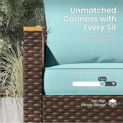 PHI VILLA 8-Piece Half-Moon Patio Furniture Set, Outdoor Wicker Sectional Sofa with Thick Aqua Blue Cushions, 2 Ottomans, Large Curved Conversation Seating for Garden or Backyard