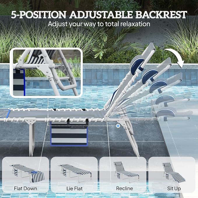 Outsunny Tanning Chair with Face Hole, Side Table, 5-Position Reclining Folding Chaise Lounge Chair Outdoor Lounger Recliner, Carry Straps for Beach Pool Camp, Oxford Fabric, Blue and White