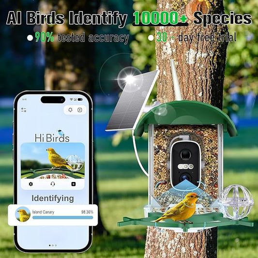 Bird Feeder with Camera 3W Solar Powered Panel: 2.4Ghz WiFi Hummingbird Feeders for Outdoors with AI Identify Auto Capture, 2K Live View, Instant Arrival Alerts, Gift for Bird Lovers (Green)