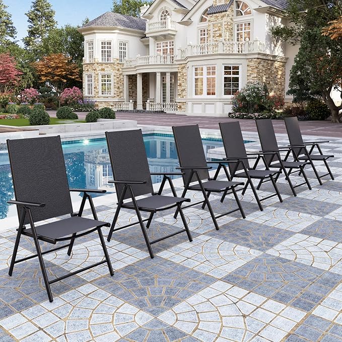 PHI VILLA Outdoor Patio Folding Chairs Set of 6, Portable Patio Dining Chairs with Adjustable Backrest for Outside, Garden, Lawn & Yard, No Assembly, Black