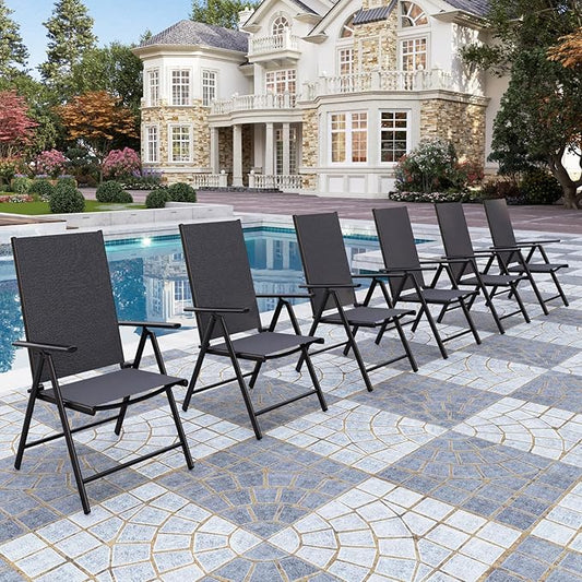 PHI VILLA Outdoor Patio Folding Chairs Set of 6, Portable Patio Dining Chairs with Adjustable Backrest for Outside, Garden, Lawn & Yard, No Assembly, Black